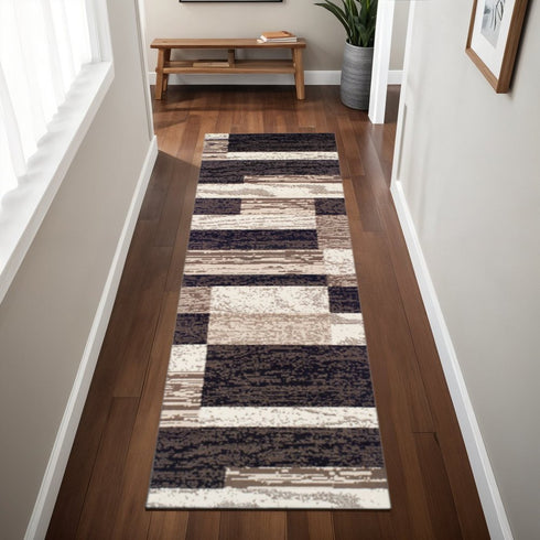 12' Black Brown And Beige Patchwork Runner Rug